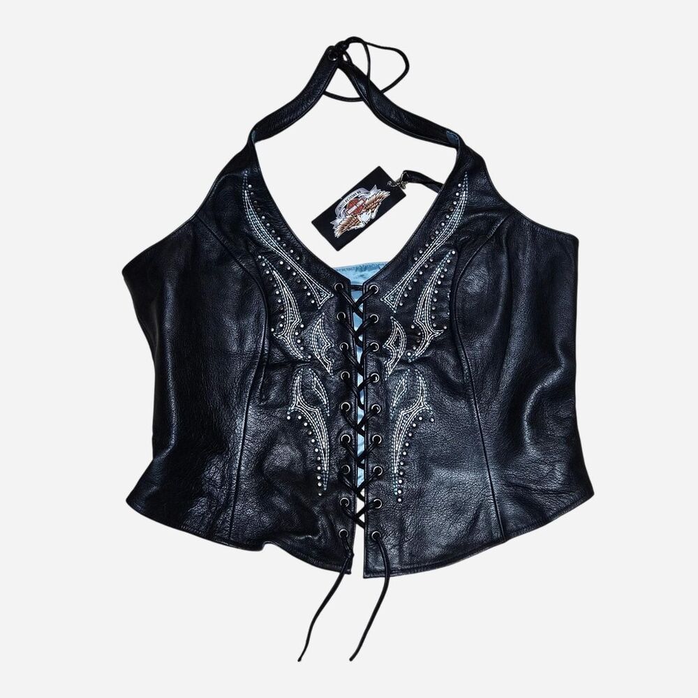 y2k grunge leather Harley Davidson corset halter top deadstock
